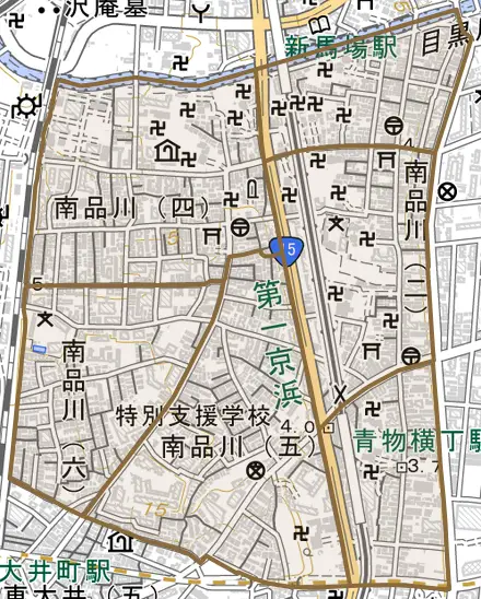 南品川とその周辺の地図。町の範囲を重ねている