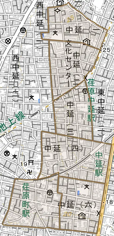 中延とその周辺の地図。町の範囲を重ねている