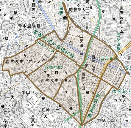 西五反田とその周辺の地図。町の範囲を重ねている