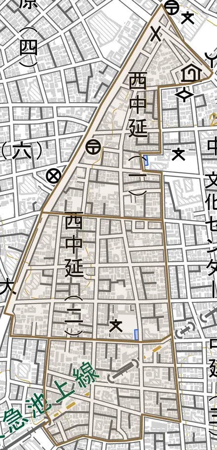 西中延とその周辺の地図。町の範囲を重ねている