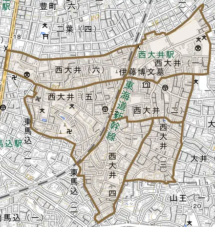 西大井とその周辺の地図。町の範囲を重ねている
