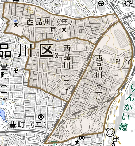 西品川とその周辺の地図。町の範囲を重ねている