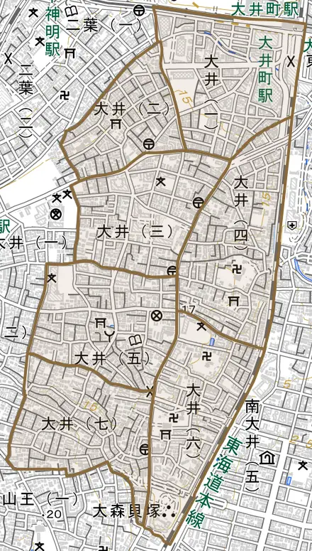 大井とその周辺の地図。町の範囲を重ねている