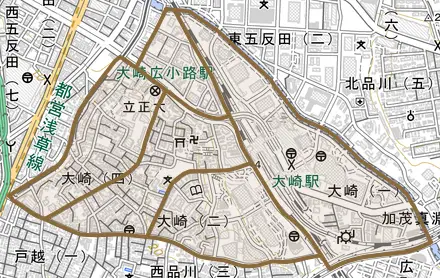 大崎とその周辺の地図。町の範囲を重ねている