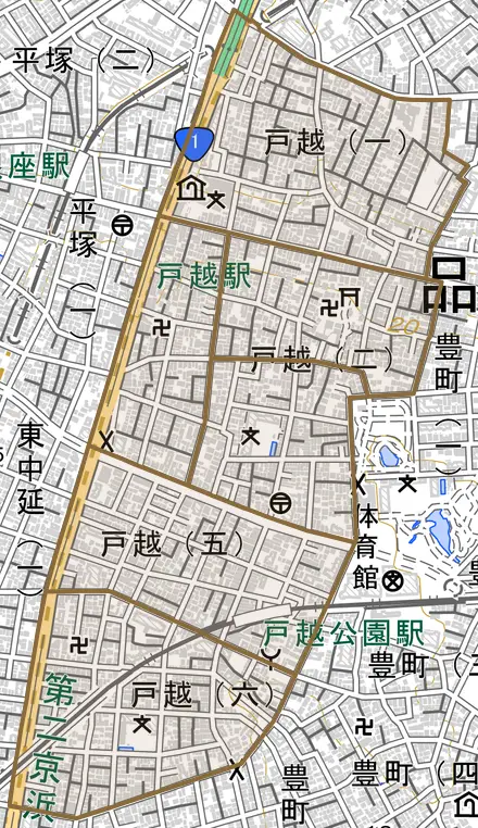 戸越とその周辺の地図。町の範囲を重ねている