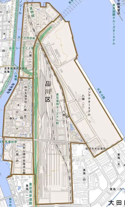 八潮とその周辺の地図。町の範囲を重ねている