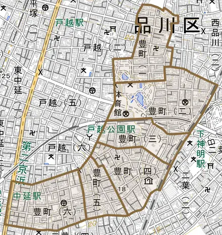 豊町とその周辺の地図。町の範囲を重ねている
