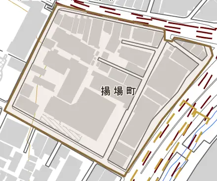揚場町とその周辺の地図。町の範囲を重ねている