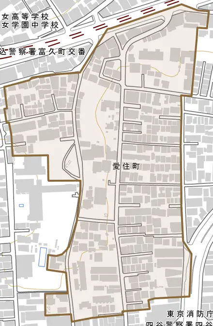愛住町とその周辺の地図。町の範囲を重ねている