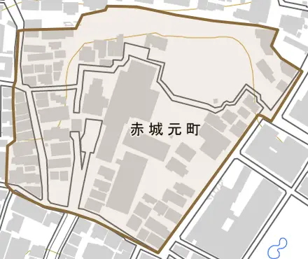 赤城元町とその周辺の地図。町の範囲を重ねている