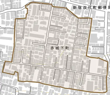 赤城下町とその周辺の地図。町の範囲を重ねている
