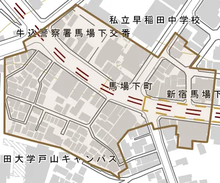 馬場下町とその周辺の地図。町の範囲を重ねている