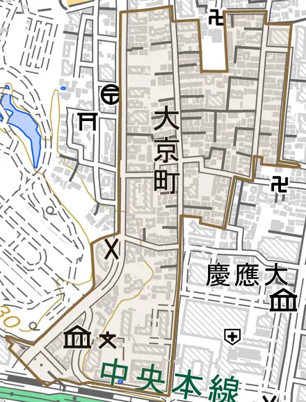 大京町とその周辺の地図。町の範囲を重ねている