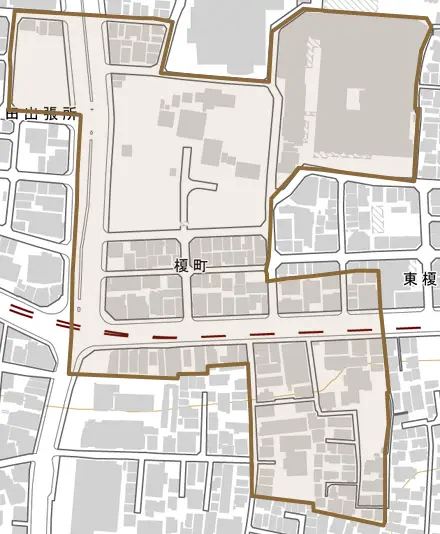 榎町とその周辺の地図。町の範囲を重ねている