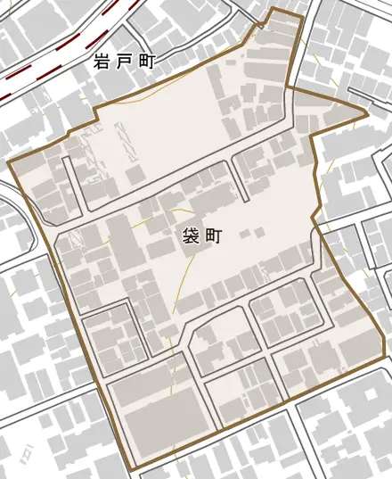 袋町とその周辺の地図。町の範囲を重ねている