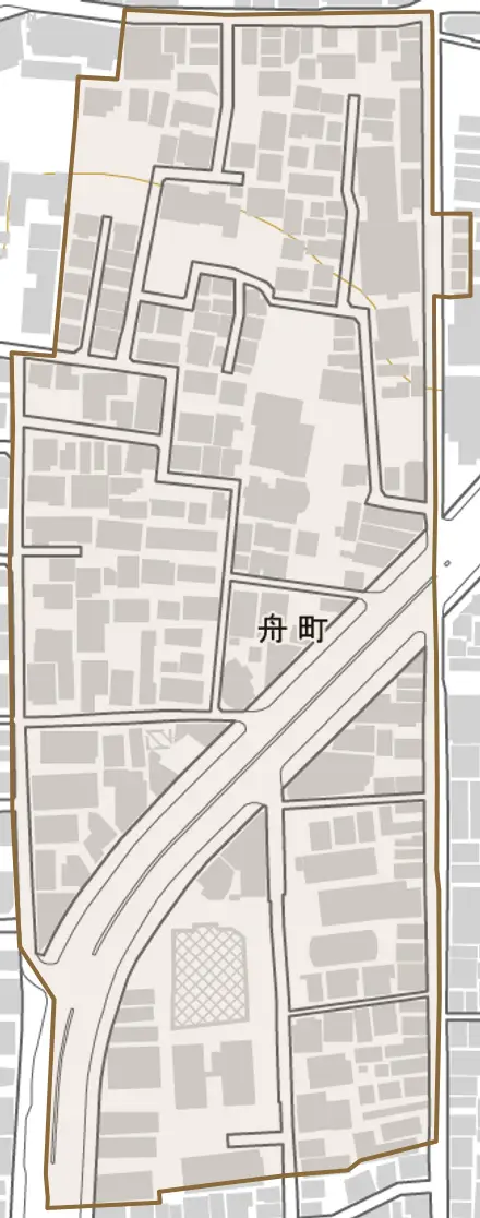 舟町とその周辺の地図。町の範囲を重ねている