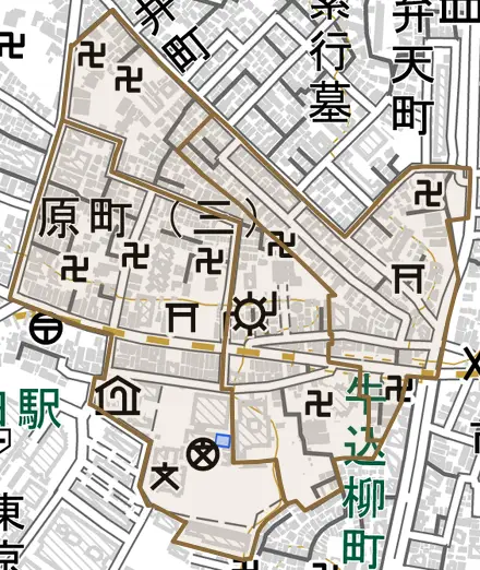 原町とその周辺の地図。町の範囲を重ねている