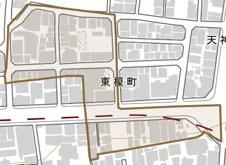 東榎町とその周辺の地図。町の範囲を重ねている
