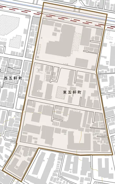 東五軒町とその周辺の地図。町の範囲を重ねている