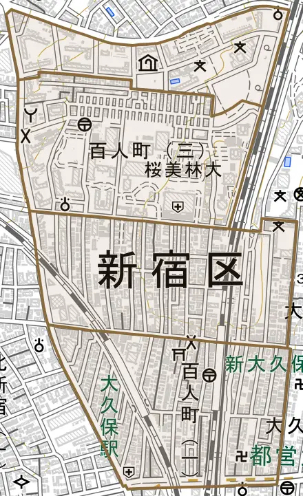 百人町とその周辺の地図。町の範囲を重ねている