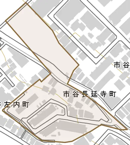 市谷長延寺町とその周辺の地図。町の範囲を重ねている