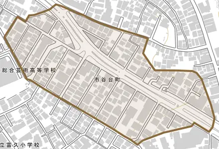 市谷台町とその周辺の地図。町の範囲を重ねている