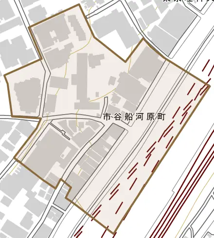 市谷船河原町とその周辺の地図。町の範囲を重ねている