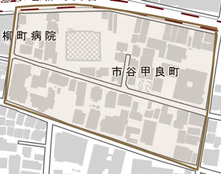 市谷甲良町とその周辺の地図。町の範囲を重ねている