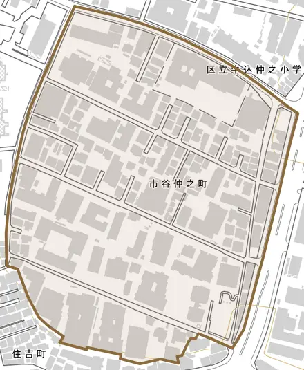 市谷仲之町とその周辺の地図。町の範囲を重ねている