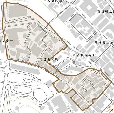 市谷左内町とその周辺の地図。町の範囲を重ねている