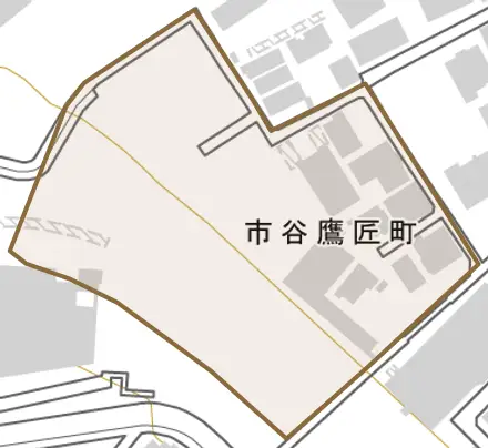 市谷鷹匠町とその周辺の地図。町の範囲を重ねている