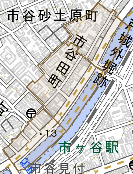 市谷田町とその周辺の地図。町の範囲を重ねている
