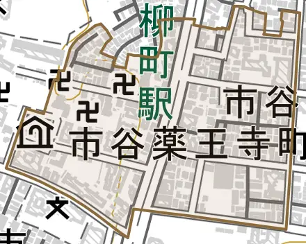 市谷薬王寺町とその周辺の地図。町の範囲を重ねている