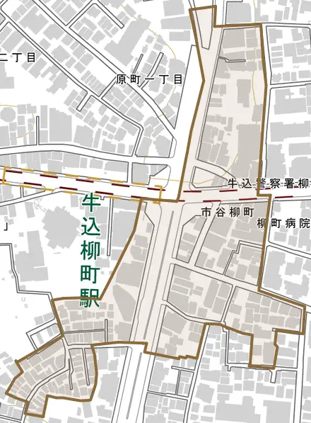 市谷柳町とその周辺の地図。町の範囲を重ねている
