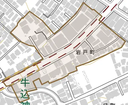 岩戸町とその周辺の地図。町の範囲を重ねている