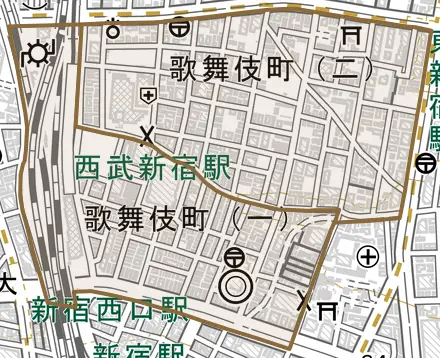 歌舞伎町とその周辺の地図。町の範囲を重ねている