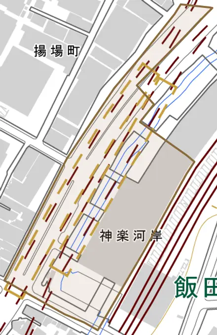 神楽河岸とその周辺の地図。町の範囲を重ねている