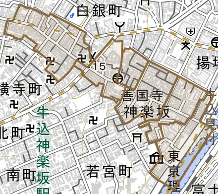 神楽坂とその周辺の地図。町の範囲を重ねている