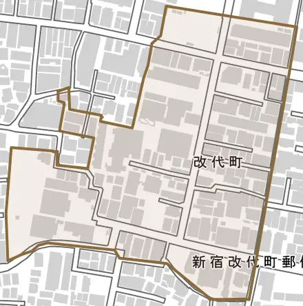 改代町とその周辺の地図。町の範囲を重ねている