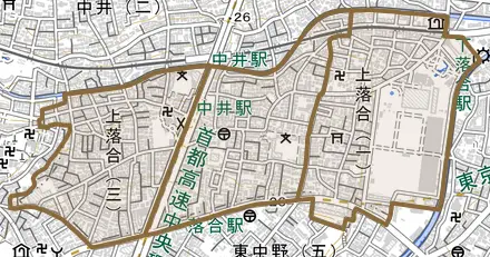 上落合とその周辺の地図。町の範囲を重ねている