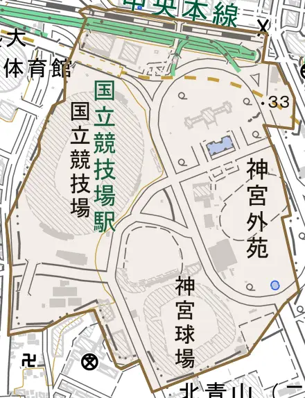 霞ヶ丘町とその周辺の地図。町の範囲を重ねている