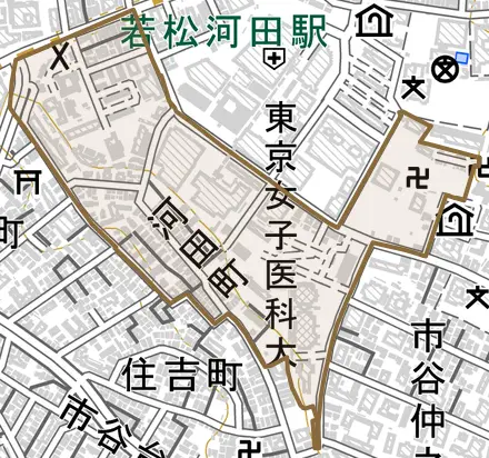 河田町とその周辺の地図。町の範囲を重ねている