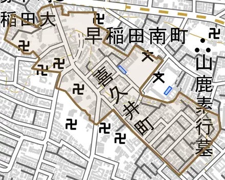喜久井町とその周辺の地図。町の範囲を重ねている