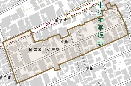 北町とその周辺の地図。町の範囲を重ねている