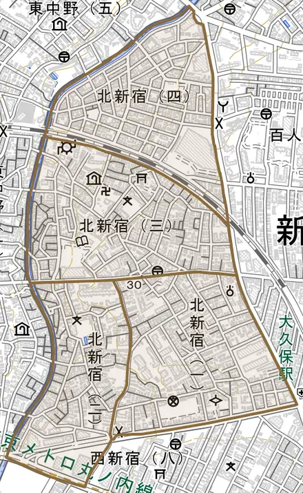 北新宿とその周辺の地図。町の範囲を重ねている
