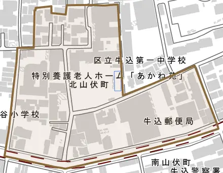 北山伏町とその周辺の地図。町の範囲を重ねている
