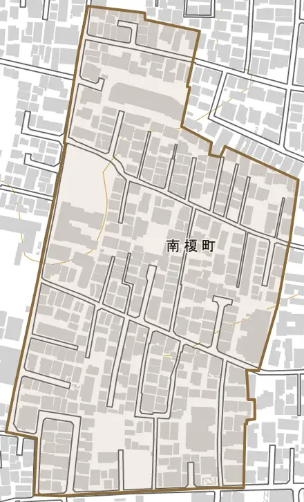 南榎町とその周辺の地図。町の範囲を重ねている