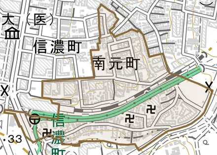 南元町とその周辺の地図。町の範囲を重ねている