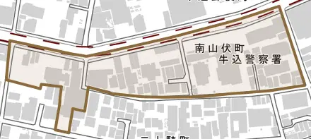 南山伏町とその周辺の地図。町の範囲を重ねている