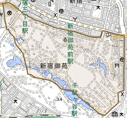 内藤町とその周辺の地図。町の範囲を重ねている